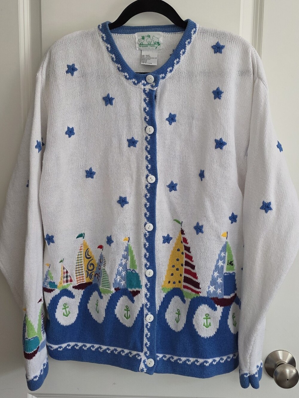 Quacker Factory White Cardigan with Blue Nautical Sailboat Motif Stains Pictured